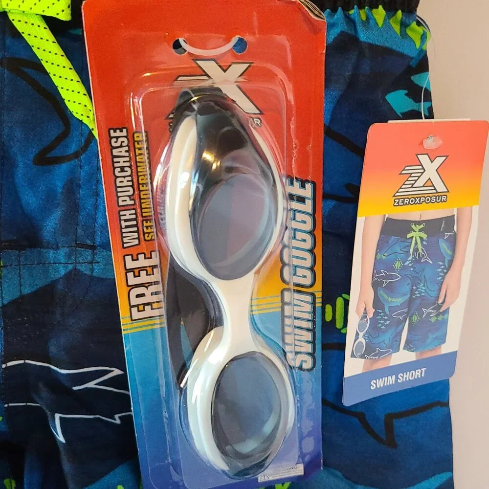 ZEROXPOSUR SWIM SHORTS & GOGGLES-UPF50+-TEAL SHARK MOTIF-SIZE 6/7